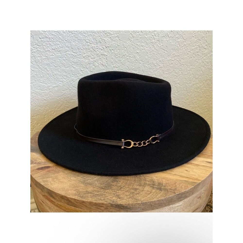 Talbots Black Wool Fedora With Faux Leather/Chain Band